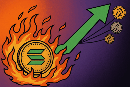 Ilustração mostra a Solana em chamas disparando, puxando altcoins como Bitcoin, Litecoin e outras no mercado cripto.