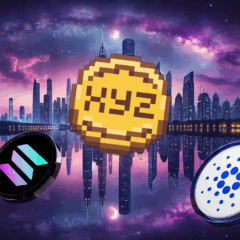 Moedas Solana, Cardano e XYZVerse destacadas em cenário futurista, representando potencial de alta no mercado cripto em 2025.