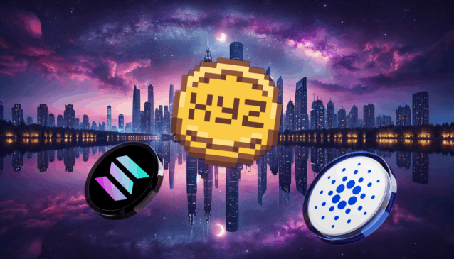 Moedas Solana, Cardano e XYZVerse destacadas em cenário futurista, representando potencial de alta no mercado cripto em 2025.