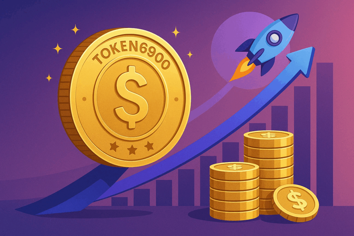 Ilustração de uma moeda dourada com o nome TOKEN6900 ao lado de pilhas de moedas. Ao fundo, um foguete decolando segue uma seta azul apontando para cima, simbolizando crescimento rápido e valorização no mercado cripto.