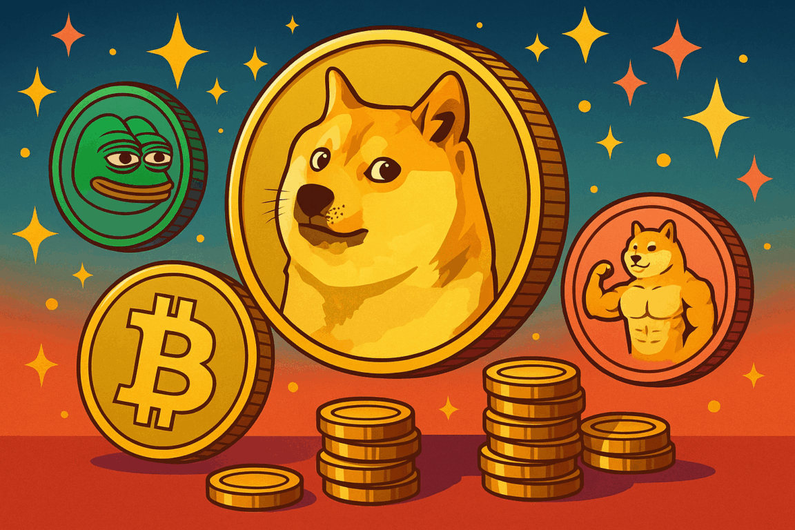 Ilustração de moedas de Dogecoin, Pepe e Bitcoin simbolizando o boom das memecoins antes do ETF de Dogecoin nos EUA.