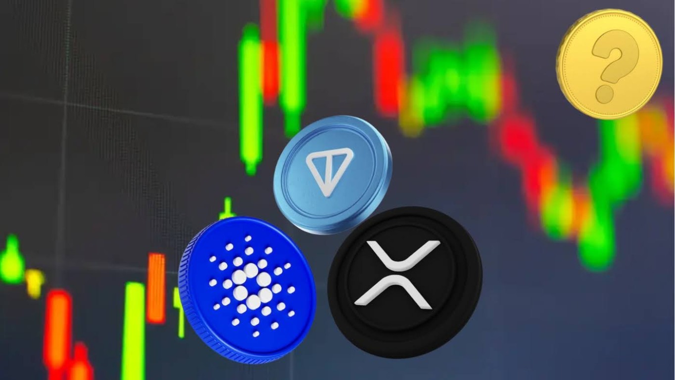 Ilustração de criptomoedas como Cardano (ADA), XRP e outras diante de gráfico de velas em alta, destacando tendência de valorização do mercado. Ilustração de criptomoedas como Cardano (ADA), XRP e outras diante de gráfico de velas em alta, destacando tendência de valorização do mercado.