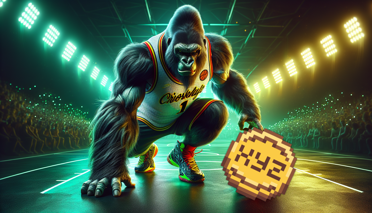 Gorila em quadra de basquete representando o XYZVerse, pré-venda cripto 2025 que mistura memes e esportes, já com mais de $15M arrecadados.