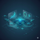 epresentação moderna de marketing financeiro com dashboards digitais, elementos de IA e visual corporativo em tons azul e verde.