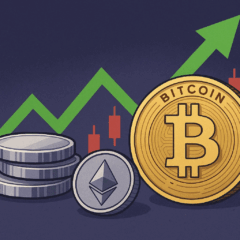 Moedas digitais Bitcoin e Ethereum à frente de gráfico de alta verde, ilustrando previsão otimista para criptomoedas em 2025.