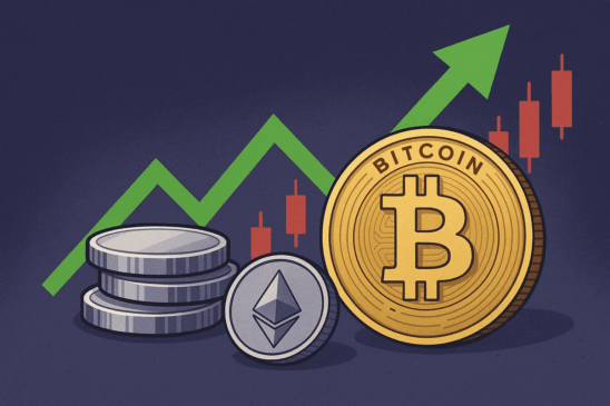 Moedas digitais Bitcoin e Ethereum à frente de gráfico de alta verde, ilustrando previsão otimista para criptomoedas em 2025.