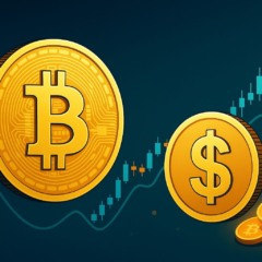 Representação do Bitcoin Hyper ($HYPER) mostrando moedas de Bitcoin e dólar sobre gráfico de alta, simbolizando o crescimento e a revolução Layer-2 do Bitcoin em Uptober 2025.