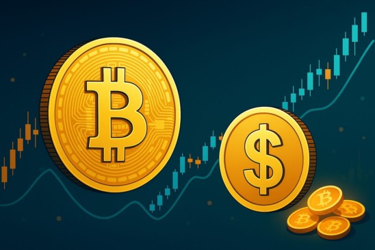 Representação do Bitcoin Hyper ($HYPER) mostrando moedas de Bitcoin e dólar sobre gráfico de alta, simbolizando o crescimento e a revolução Layer-2 do Bitcoin em Uptober 2025.