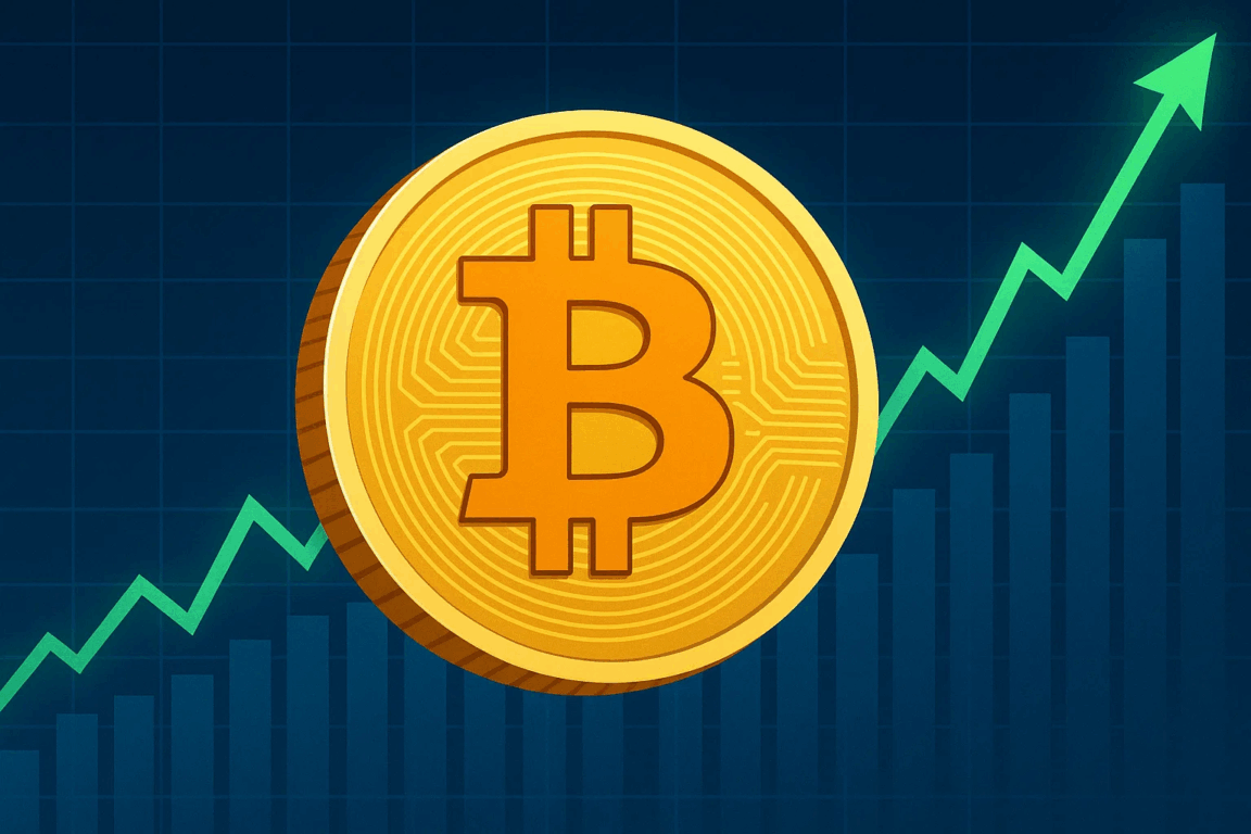 Moeda dourada do Bitcoin diante de um gráfico em alta, simbolizando a recuperação e o novo ciclo de valorização no mercado de criptomoedas.