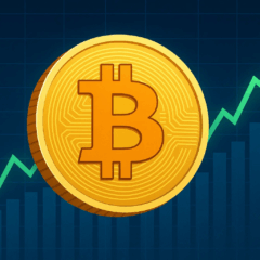 Moeda dourada do Bitcoin diante de um gráfico em alta, simbolizando a recuperação e o novo ciclo de valorização no mercado de criptomoedas.