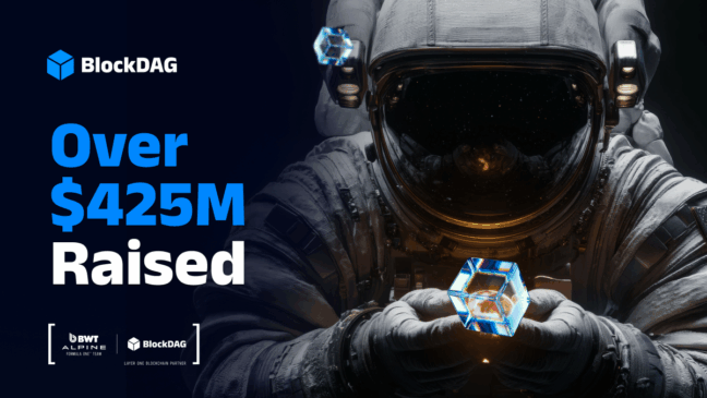 Astronauta segurando cubo representando a BlockDAG e o marco de US$ 425 milhões arrecadados