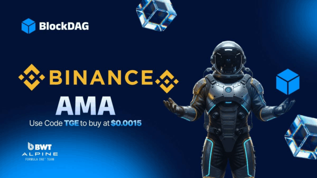 Imagem promocional da BlockDAG destacando a parceria com a Binance em um evento AMA, com um astronauta e cubos flutuantes em um fundo azul. O texto na imagem informa: “Use o código TGE para comprar a US$ 0,0015”.