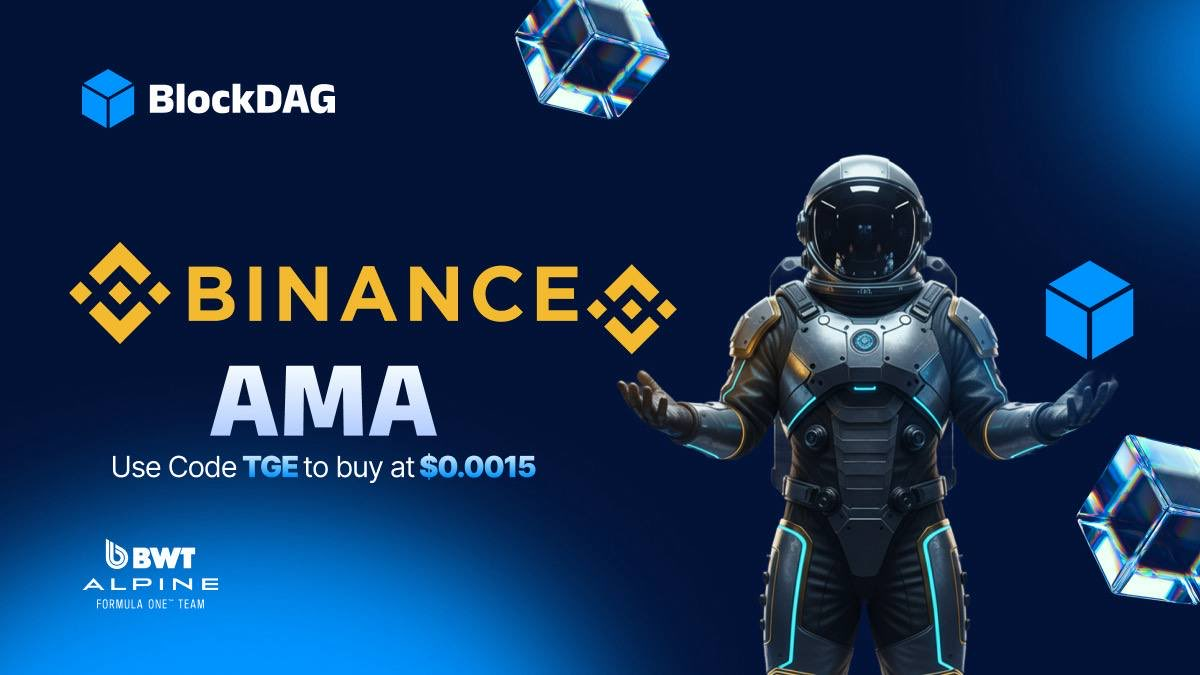 Imagem promocional da BlockDAG destacando a parceria com a Binance em um evento AMA, com um astronauta e cubos flutuantes em um fundo azul. O texto na imagem informa: “Use o código TGE para comprar a US$ 0,0015”.