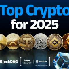 Imagem mostrando diversas criptomoedas, incluindo BlockDAG, XRP, Solana e Litecoin, como destaques de 2025.