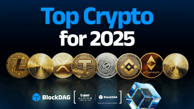 Imagem mostrando diversas criptomoedas, incluindo BlockDAG, XRP, Solana e Litecoin, como destaques de 2025.