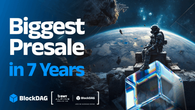 Astronauta observando o espaço com o logotipo da BlockDAG, destacando a maior pré-venda cripto em 7 anos.