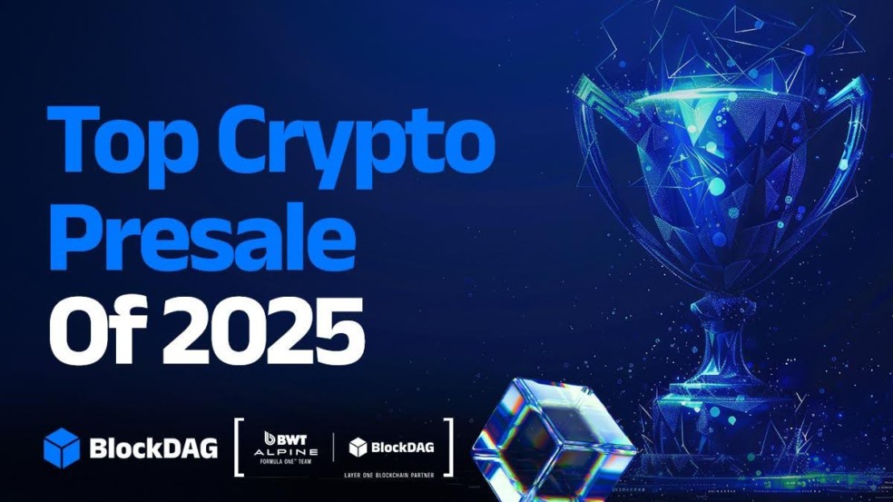 Imagem com troféu digital representando a BlockDAG como principal pré-venda cripto de 2025