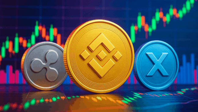 Moedas BNB, XRP e outra altcoin à frente de gráfico de alta representando o crescimento do mercado cripto.