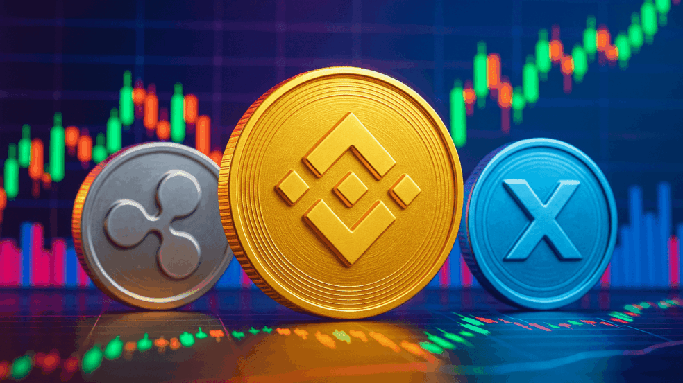 Moedas BNB, XRP e outra altcoin à frente de gráfico de alta representando o crescimento do mercado cripto. Moedas BNB, XRP e outra altcoin à frente de gráfico de alta representando o crescimento do mercado cripto.