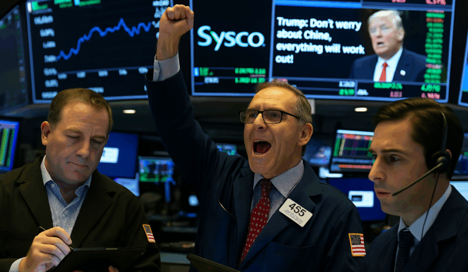 Traders na Bolsa de Nova York reagem à forte recuperação do mercado após declarações de Donald Trump sobre as tarifas à China.
