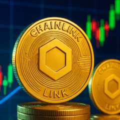 Imagem de moedas Chainlink douradas em frente a um gráfico de mercado, simbolizando a volatilidade do token LINK e o surgimento de novos projetos cripto como XYZVerse em 2025.