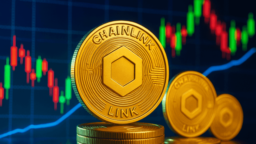 Imagem de moedas Chainlink douradas em frente a um gráfico de mercado, simbolizando a volatilidade do token LINK e o surgimento de novos projetos cripto como XYZVerse em 2025. Imagem de moedas Chainlink douradas em frente a um gráfico de mercado, simbolizando a volatilidade do token LINK e o surgimento de novos projetos cripto como XYZVerse em 2025.