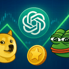 Imagem mostra Dogecoin e PEPE ao lado do logotipo do ChatGPT, simbolizando previsão de queda e ascensão da nova memecoin Snorter com potencial de 1000x.