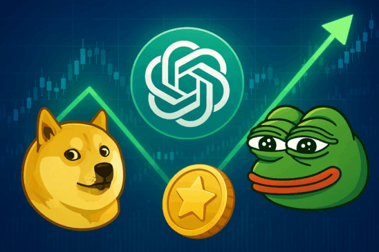 Imagem mostra Dogecoin e PEPE ao lado do logotipo do ChatGPT, simbolizando previsão de queda e ascensão da nova memecoin Snorter com potencial de 1000x.