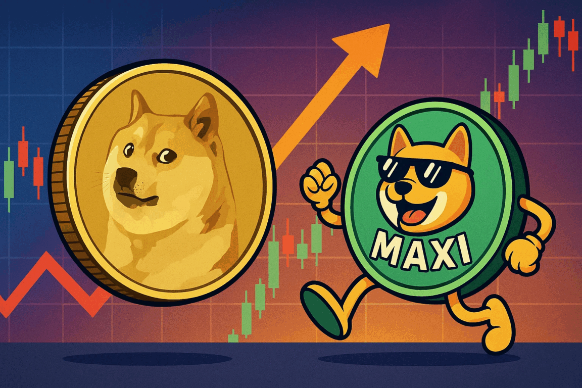 Ilustração das criptomoedas Dogecoin e MaxiDoge subindo em um gráfico de alta, representando o novo ciclo das memecoins no mercado cripto.