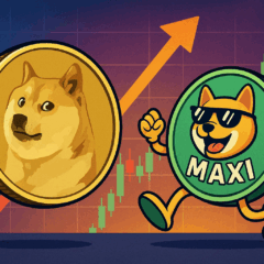 Ilustração das criptomoedas Dogecoin e MaxiDoge subindo em um gráfico de alta, representando o novo ciclo das memecoins no mercado cripto.