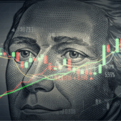 Ilustração de cédula de dólar sobreposta por gráfico financeiro com linhas e candles, simbolizando a volatilidade e o enfraquecimento da moeda americana no mercado global.