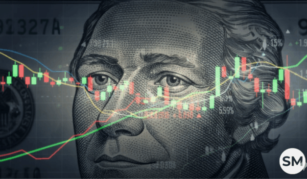 Ilustração de cédula de dólar sobreposta por gráfico financeiro com linhas e candles, simbolizando a volatilidade e o enfraquecimento da moeda americana no mercado global.