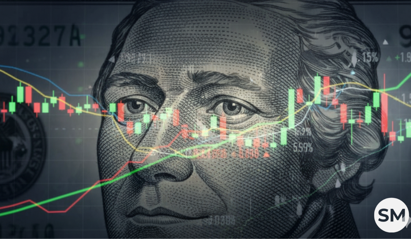 Ilustração de cédula de dólar sobreposta por gráfico financeiro com linhas e candles, simbolizando a volatilidade e o enfraquecimento da moeda americana no mercado global.