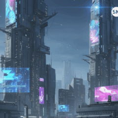 Cenário futurista digital simbolizando o avanço dos ETFs de cripto e da tecnologia blockchain no mercado financeiro global