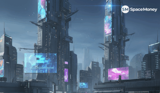 Cenário futurista digital simbolizando o avanço dos ETFs de cripto e da tecnologia blockchain no mercado financeiro global