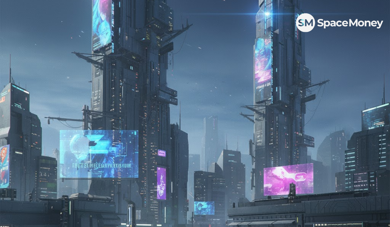 Cenário futurista digital simbolizando o avanço dos ETFs de cripto e da tecnologia blockchain no mercado financeiro global
