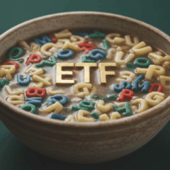 Sopa com letras coloridas formando ETF, simbolizando a complexidade dos ETFs no Brasil e sua baixa popularidade entre investidores.