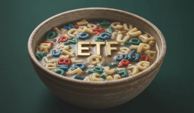Sopa com letras coloridas formando ETF, simbolizando a complexidade dos ETFs no Brasil e sua baixa popularidade entre investidores.