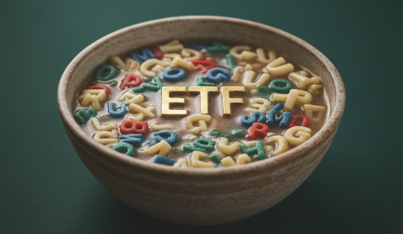 Sopa com letras coloridas formando ETF, simbolizando a complexidade dos ETFs no Brasil e sua baixa popularidade entre investidores.