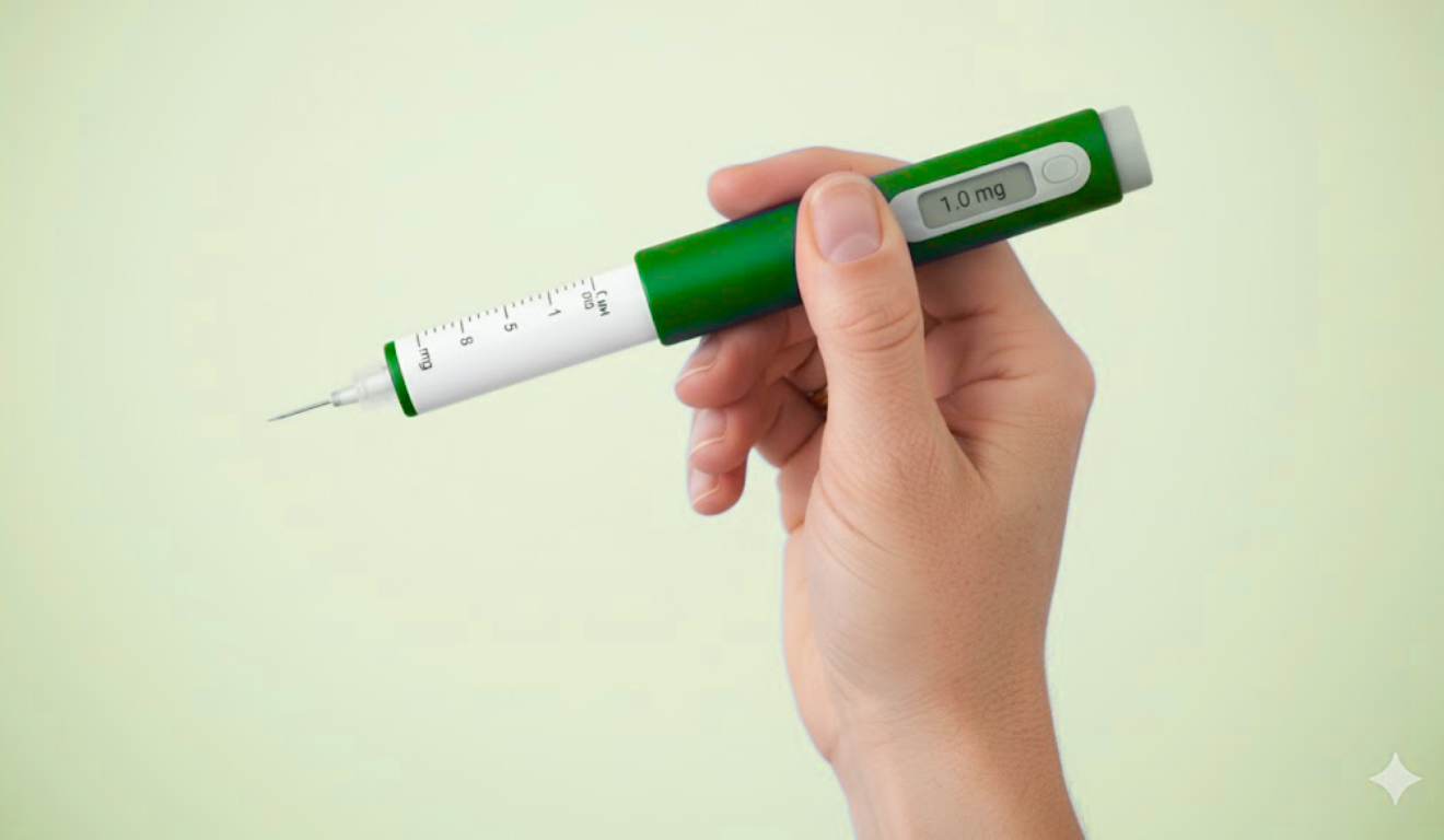 Mão segurando caneta injetora de semaglutida com visor “1,0 mg”, tema ligado aos genéricos do Ozempic e à tese para Hypera