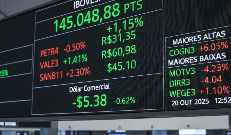 Ibovespa em alta na B3, painel mostra valorização do índice próximo dos 145 mil pontos. Ibovespa em alta na B3, painel mostra valorização do índice próximo dos 145 mil pontos.