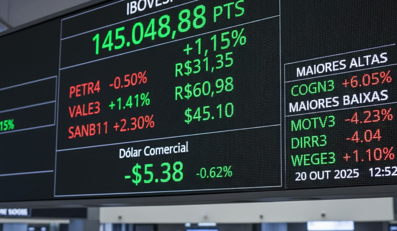 Ibovespa em alta na B3, painel mostra valorização do índice próximo dos 145 mil pontos.