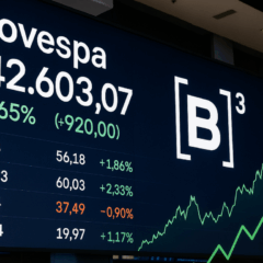 Painel da B3 mostra Ibovespa em alta, com destaque para Vale e Eletrobras.