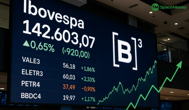Painel da B3 mostra Ibovespa em alta, com destaque para Vale e Eletrobras.