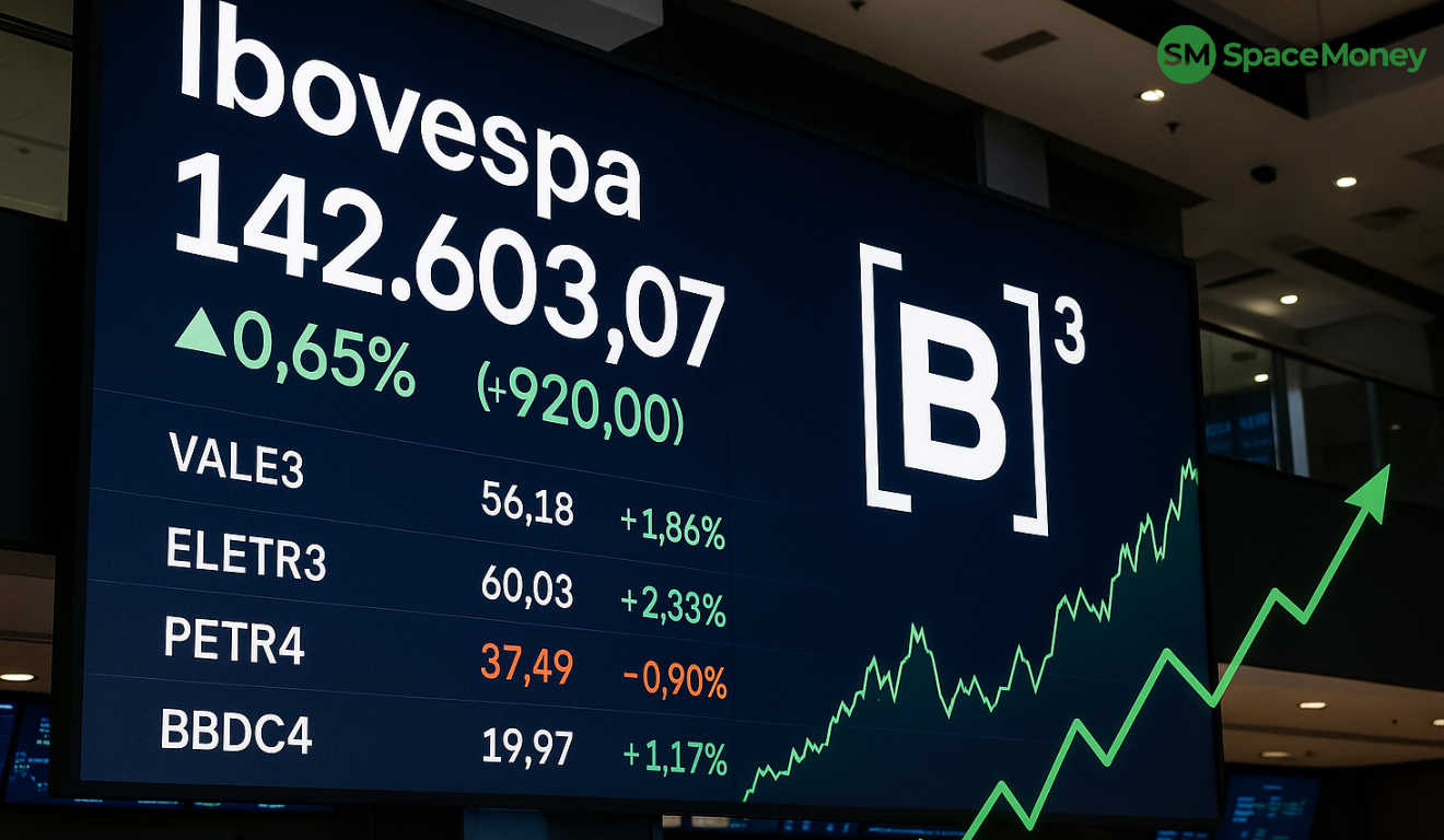 Painel da B3 mostra Ibovespa em alta, com destaque para Vale e Eletrobras.
