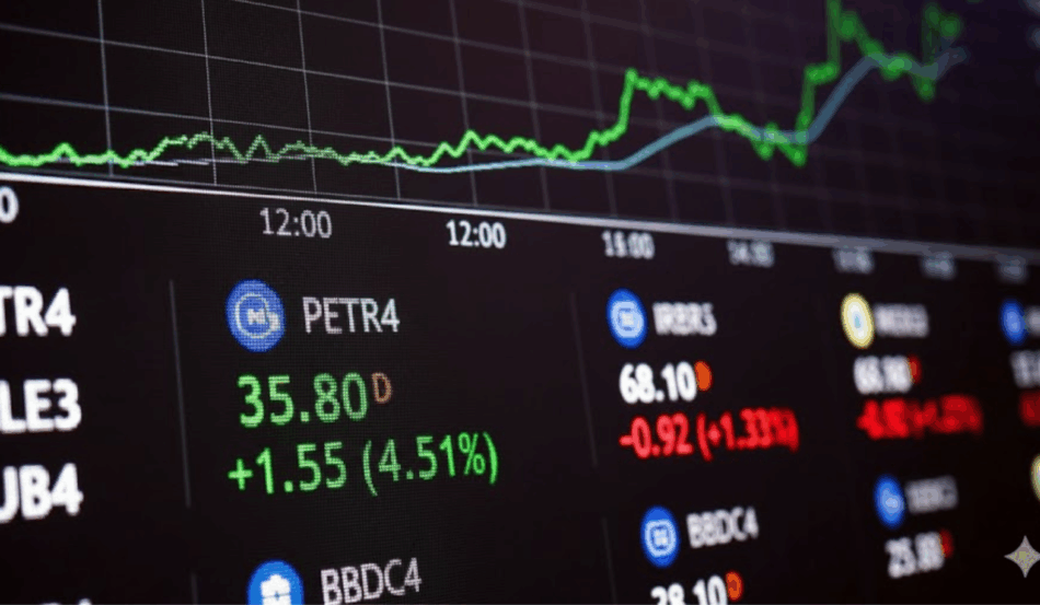 Tela com cotações da B3 destacando alta do Ibovespa e valorização das ações. Tela com cotações da B3 destacando alta do Ibovespa e valorização das ações.