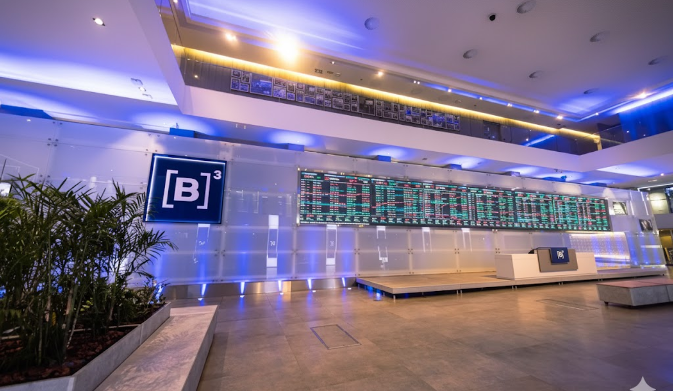 Painel da B3 mostrando queda do Ibovespa com incerteza fiscal no Brasil.