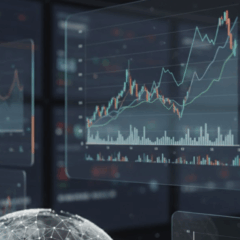 Painel digital mostrando alta do Ibovespa e cotações em verde na Bolsa de Valores.