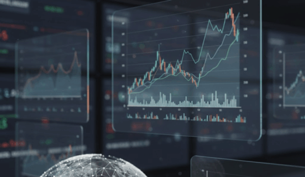 Painel digital mostrando alta do Ibovespa e cotações em verde na Bolsa de Valores.