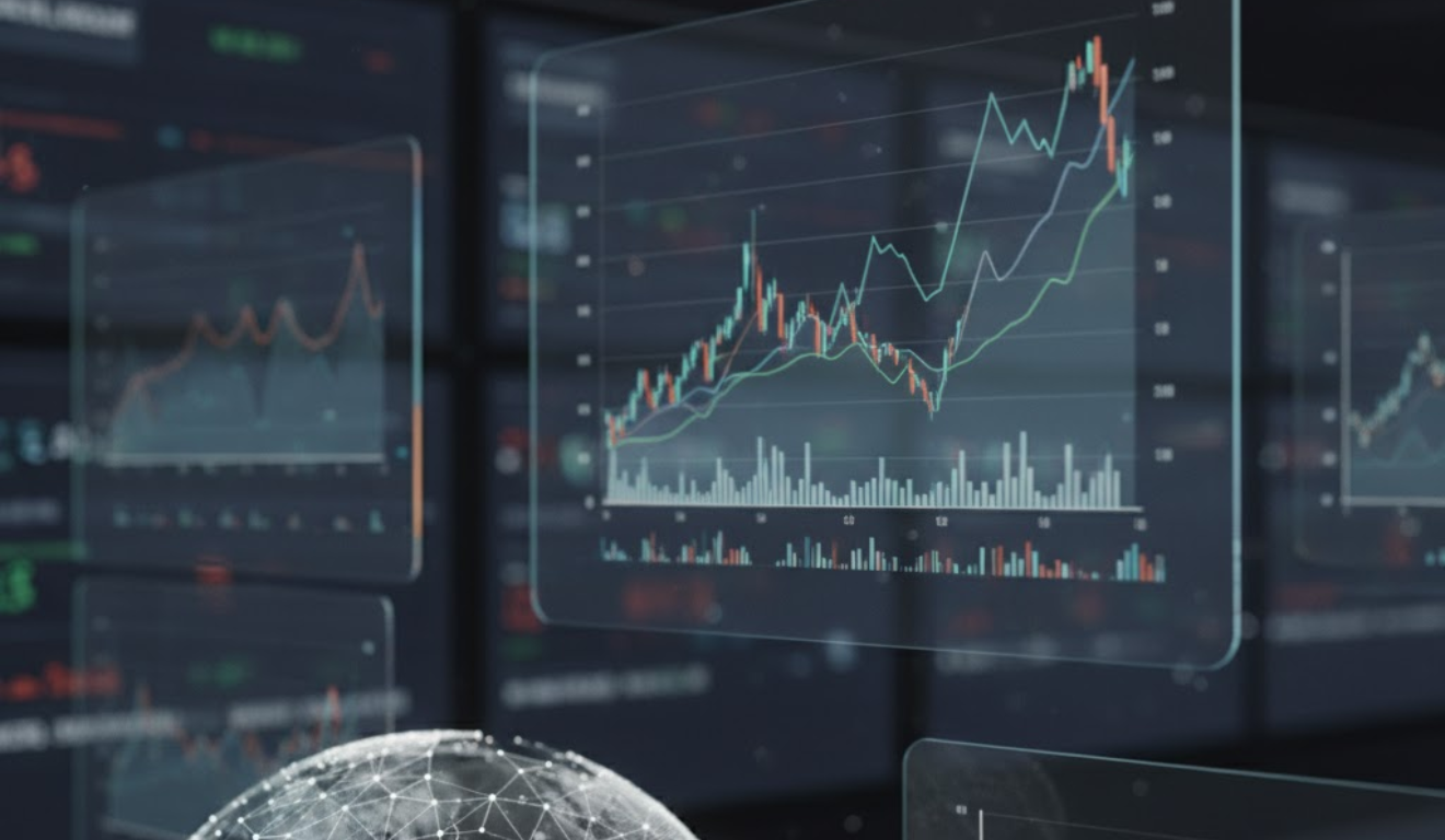 Painel digital mostrando alta do Ibovespa e cotações em verde na Bolsa de Valores.